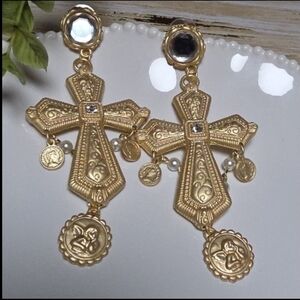 Gold Cross Statement Earrings Baroque Vintage Pearl Textured Coin | NWOT